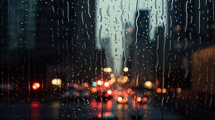 Background view of wet building window glass condensed by rainwater. With blurry urban views at night. - obrazy, fototapety, plakaty
