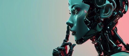 A highly detailed robot woman or futuristic cyber girl bringing her finger to her lips, with the head seen from the front on a colored background in a 3D render. - obrazy, fototapety, plakaty