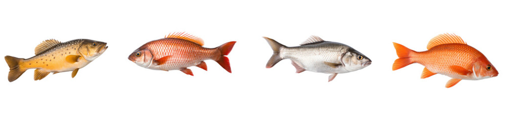 Set of side view of a real fish on transparency background PNG