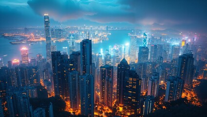 Fototapeta premium overhead view of a modern metropolitan city at dusk, skyscrapers lit up against the night sky