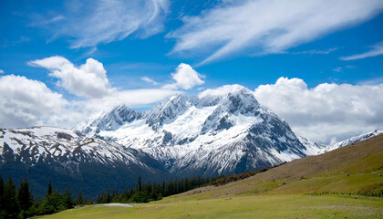 Fototapeta premium snowy mountain, the sky is clear with a bright blue sky and puffy white clouds; suitable for background or wallpaper
