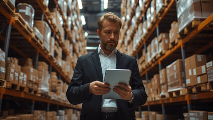 businessman checking inventory stock on tablet in warehouse - obrazy, fototapety, plakaty