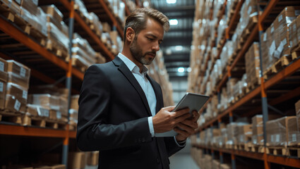 businessman checking inventory stock on tablet in warehouse