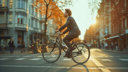 Businessman riding a bicycle outside buildings, Ecological transportation concept