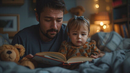 dad reading a book to his daughter before bedtime