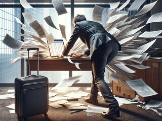 Obraz premium Businessman bent over laptop with documents exploding out, in a messy office with light from a tall building window. AI Generated.