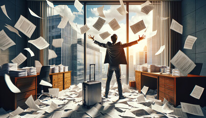 Back view of a businessman in a cluttered office throwing papers, near luggage, excited for vacation. AI Generated.