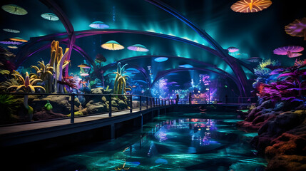 A nighttime shot of sea world illuminated by color