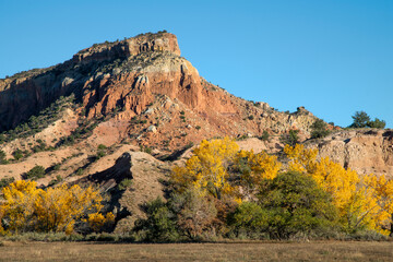 Fall foliage surrounds a sandstone rock formation in Abiquiu, NM