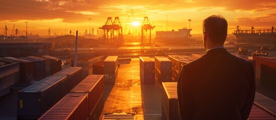 Businessman overlooking transportation vehicles during sunset at logistic industrial area.