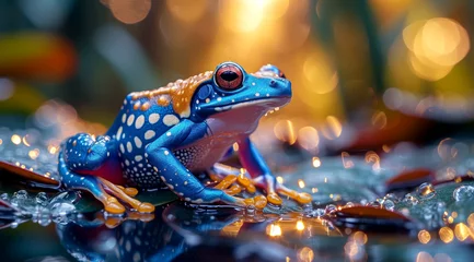 Gordijnen Blue frog with orange spots resting on a surface with water droplets and bokeh lights, Amazonian poisonous dart frog, AI generated © Rajesh