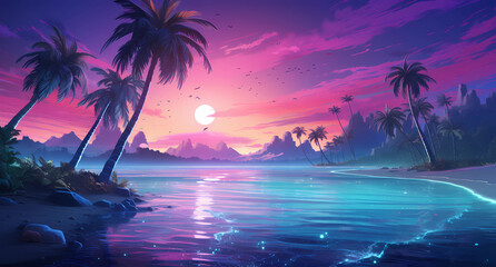 Obraz premium tropical palms in the tropical sunset ocean beach