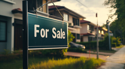a modern property exterior with For Sale sign, conveying the idea of an available property for potential buyers. Generative AI.