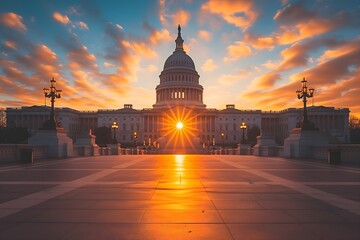 Elevate your projects with an awe-inspiring image of the US Capitol building at sunset in Washington DC, USA. A symbol of history and democracy bathed in golden light.