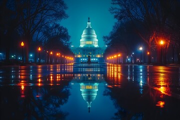 Capture the iconic beauty of the US Capitol building at sunset in Washington DC, USA. A stunning landmark against a colorful sky, perfect for patriotic themes.