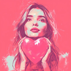 Illustrative portrait of a young woman with a romantic vibe holding a large pink heart, ideal for Valentine's Day themes.