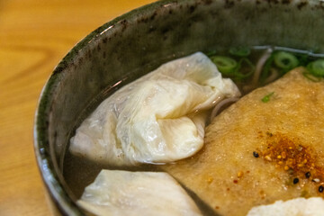 Yuba (bean card skin) served on soba noodle in Kyoto, Japan