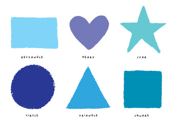 Crayon hand drawn circle, square, triangular design element set. Colored like kids style funny copy space. Pastel chalk or pencil frame, vector background,geometric shapes