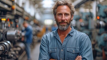 Obraz premium a mid-forties owner of a modest manufacturing company. standing in his sleek, contemporary factory, facing the camera.