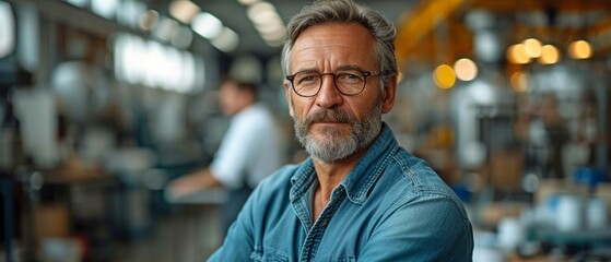 Fototapeta premium a mid-forties owner of a modest manufacturing company. standing in his sleek, contemporary factory, facing the camera.