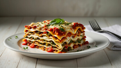 Fototapeta premium A vegetable lasagna as it sits elegantly on a classic plate atop a clean white wooden table with the contrast between the rich, golden brown crust and the lush, colorful medley of vegetables