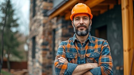 capture the scene of a contented independent contractor who has just finished laying the foundation for a client's home on a bright afternoon.