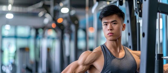 Young Asian man exercising in the gym, maintaining strong muscles for health in a gym or stadium.