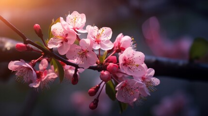 Fototapeta premium Close-up of delicate cherry blossoms in soft sunlight, symbolizing spring and renewal.