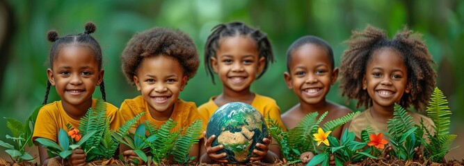 Concept for the International Day of Peace: African children clutching the globe of Earth. African youngsters clutching the globe Earth against a hazy background of the natural world. - obrazy, fototapety, plakaty
