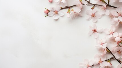 Flat lay of delicate cherry blossoms on a clean white background with soft natural light.