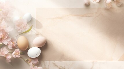 Easter composition with eggs and cherry blossoms on a pastel background, conveying a springtime celebration.
