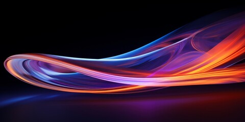 An elegant abstract design captures a flowing wave with vibrant blue and purple tones on a dark background.