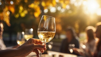 Sparkling white wine in a glass held outdoors with warm sunlight filtering through.
