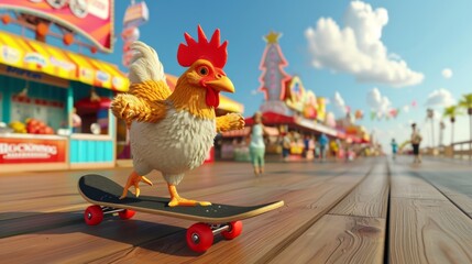 A chicken on a skateboard trying to keep up with the competition but constantly getting distracted by the delicious smells coming from the boardwalk food stands.
