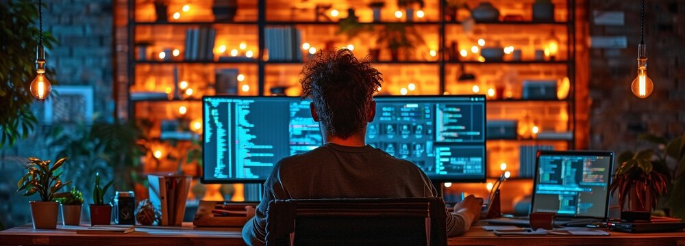 A programmer at an office, coding away.