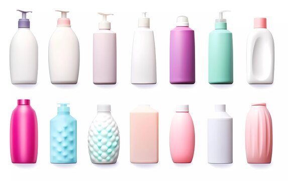 3d illustration collection of various beauty cosmetic hygiene containers plastic bottles with body moisturizer isolated on white background. generative ai