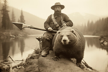Vintage photo from the late 1800's of a Klondike gold prospector with his trusty guard beaver - obrazy, fototapety, plakaty