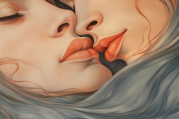 detailed illustration painting portrait of two beautiful women in love together with big red luscious lips