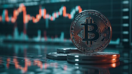 A shiny Bitcoin token stands in sharp focus against a backdrop of a blurred financial chart, highlighting cryptocurrency investment and market trends.