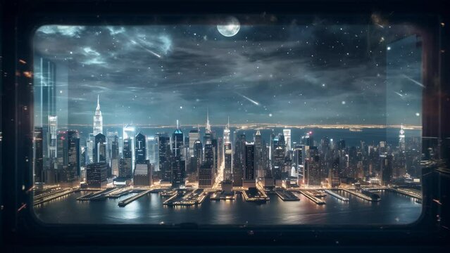collage image with huge city at night with city lights. seamless looping overlay 4k virtual video animation background 