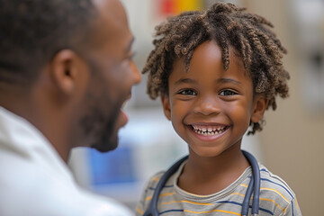 Smiling young african american boy wears doctor's stethoscope during patient consultation