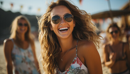 Young women enjoying a carefree summer weekend, smiling and laughing generated by AI - obrazy, fototapety, plakaty