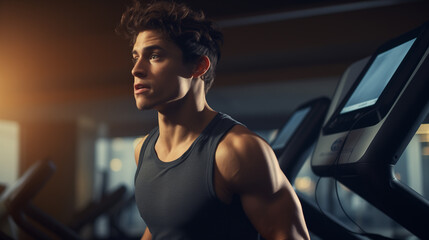 Fototapeta na wymiar young man running on treadmill machine in a gym, hard work or healthy lifestyle concept, running man portrait