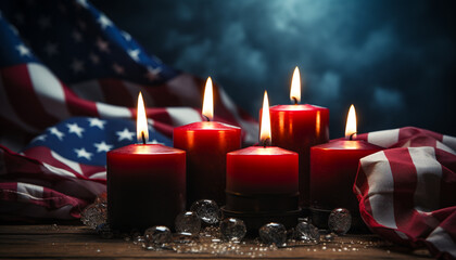 Obraz na płótnie Canvas Celebration of freedom American flag burning, candle illuminates patriotism generated by AI