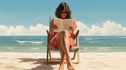 Woman sitting in chair on the beach reading a book