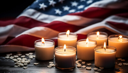 Burning flame illuminates American flag, symbolizing patriotism and freedom generated by AI