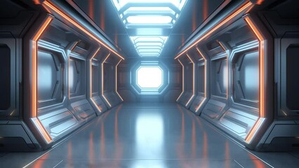 sci fi space station corridor or dark metallic futuristic spaceship. seamless looping overlay 4k virtual video animation background 