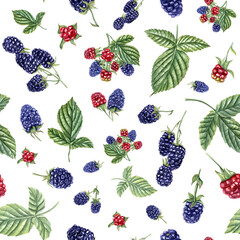 Summer seamless pattern with ripe aromatic Blackberries. Bunches of blackberries. Forest and garden berries. Dewberry, bramble. Watercolor illustration for wrapping, poster, textile