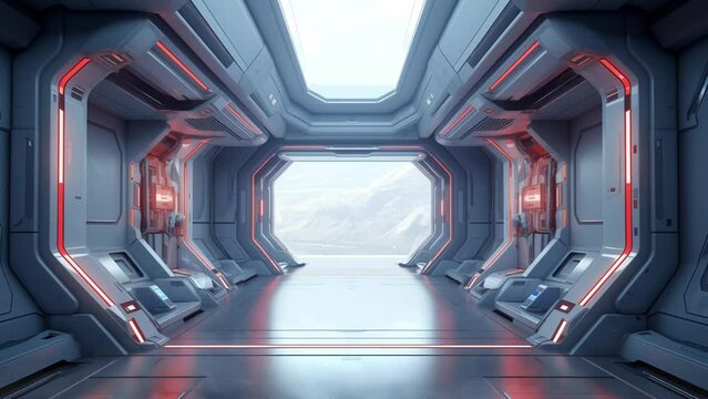  sci fi space station corridor or futuristic spaceship. seamless looping overlay 4k virtual video animation background 