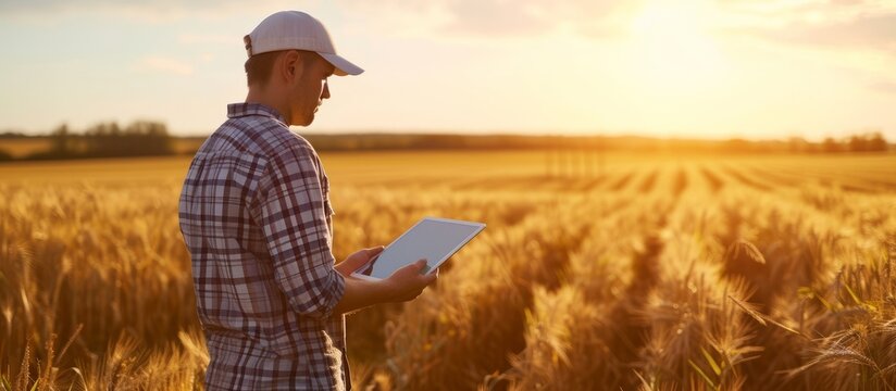 Farmers analyze cereal fields and upload data to the cloud using digital devices for smart farming and digital agriculture.
